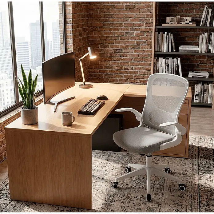 Silla de oficina Vega - Gris/Blanco, Reposabrazos - Silla de oficina ergonómica gris claro con respaldo de malla y estructura blanca, situada en un escritorio de madera en forma de L.