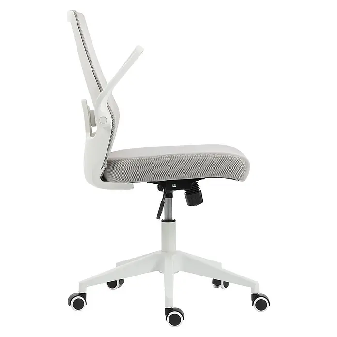 Silla de oficina Olivia - Gris/Blanco, Reposabrazos - Silla de oficina ergonómica de malla blanca y gris claro con ruedas negras, vista lateral.