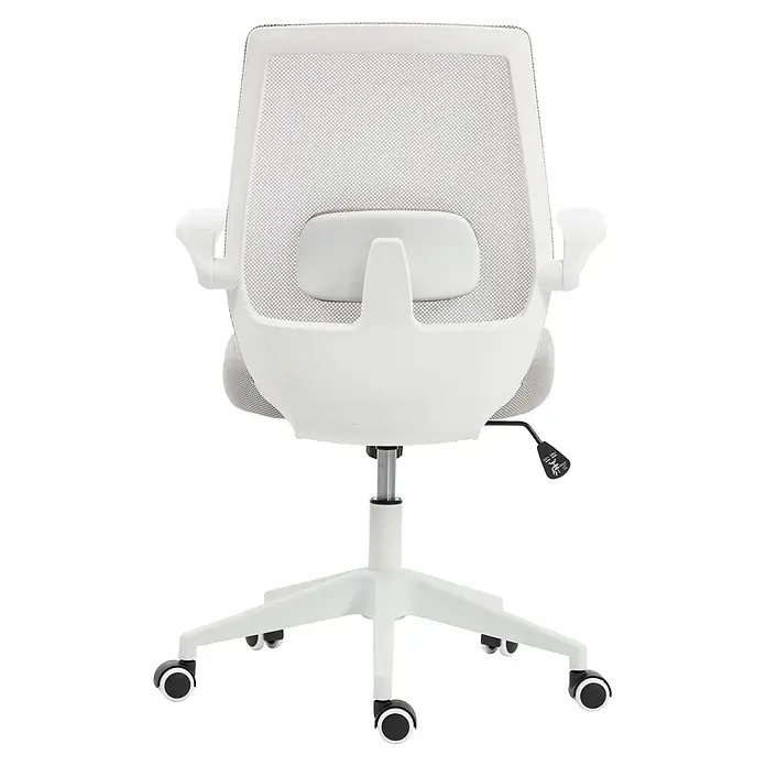 Silla de oficina Olivia - Gris/Blanco, Reposabrazos - Silla de oficina blanca con respaldo de malla, soporte lumbar, base de cinco radios con ruedas y palanca de ajuste de altura.
