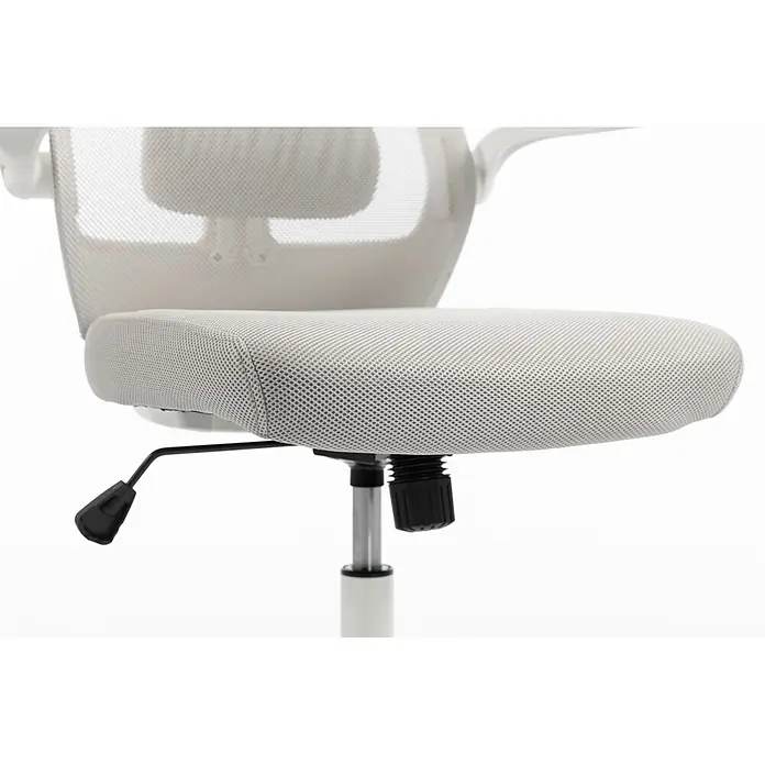 Silla de oficina Olivia - Gris/Blanco, Reposabrazos - Asiento y respaldo de malla gris claro de una silla de oficina con palanca y perilla de ajuste.