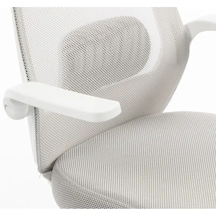 Silla de oficina Olivia - Gris/Blanco, Reposabrazos - Primer plano de una silla de oficina de malla gris claro con reposabrazos de plástico blanco.