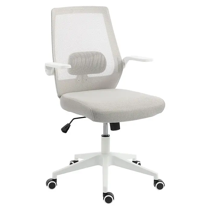 Silla de oficina Olivia - Gris/Blanco, Reposabrazos - Silla de oficina blanca con respaldo de malla, asiento de tela, reposabrazos ajustables y base con ruedas.