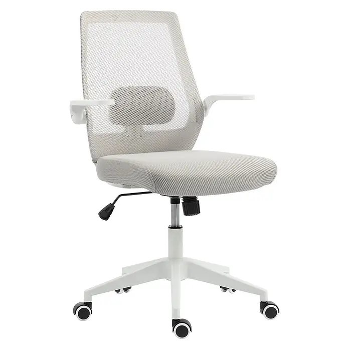 Silla de oficina Olivia - Gris/Blanco, Reposabrazos - Silla de oficina de malla blanca con asiento tapizado, soporte lumbar ajustable, reposabrazos y ruedas.