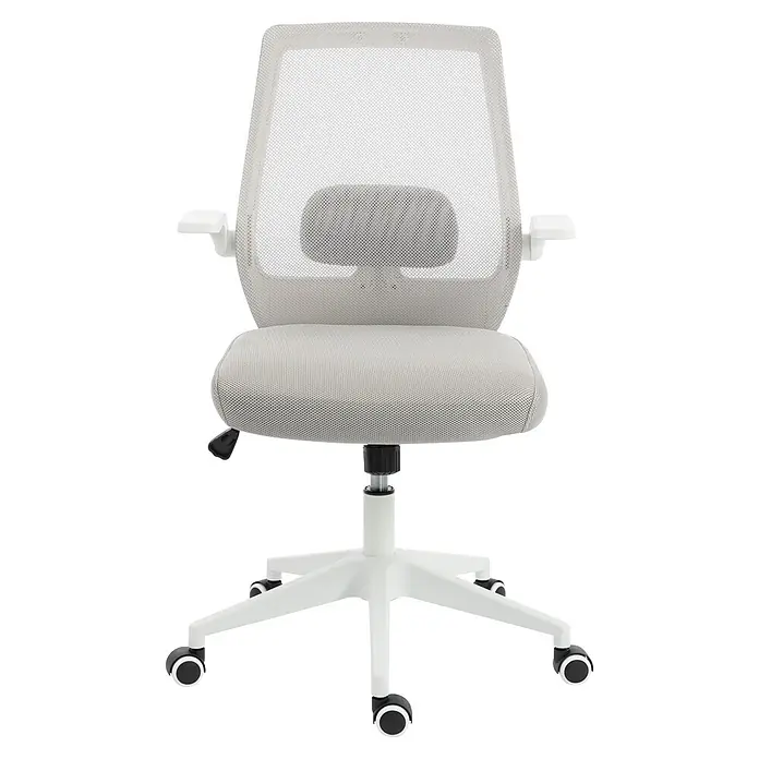 Silla de oficina Olivia - Gris/Blanco, Reposabrazos - Silla de oficina de malla gris claro con estructura blanca, soporte lumbar y ruedas negras.