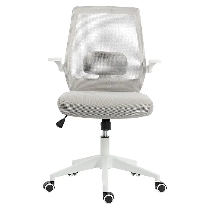 Silla de oficina Olivia - Gris/Blanco, Reposabrazos - Silla de oficina giratoria de malla gris claro con estructura blanca, reposabrazos y ruedas.