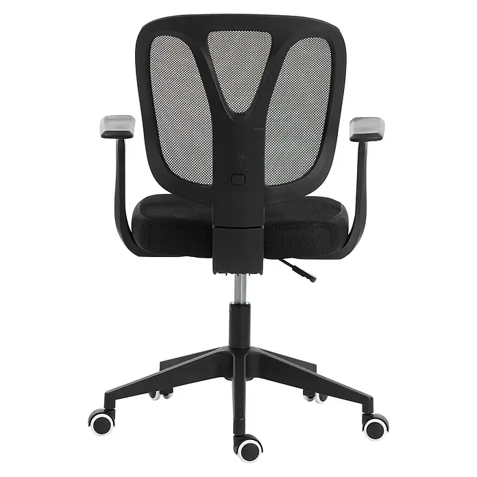 Silla de oficina Ana - Negro, Reposabrazos - Silla de oficina negra con respaldo de malla, asiento de tela, reposabrazos y base giratoria de cinco ruedas.