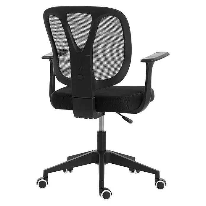 Silla de oficina Ana - Negro, Reposabrazos - Silla de oficina ergonómica negra con respaldo de malla, asiento de tela, altura ajustable y base de cinco radios con ruedas.