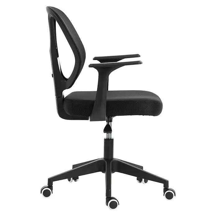 Silla de oficina Ana - Negro, Reposabrazos - Silla de oficina ergonómica negra con respaldo de malla, asiento de tela, reposabrazos y base de cinco puntas con ruedas.