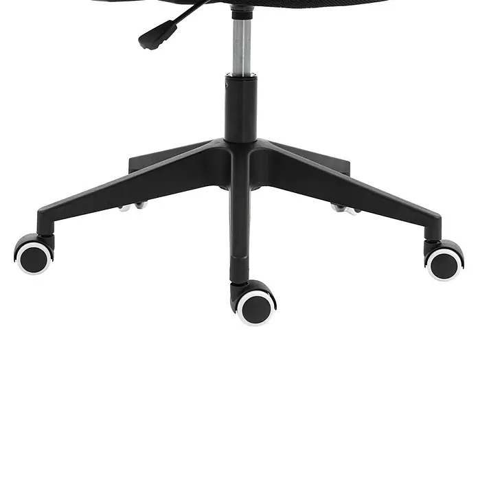 Silla de oficina Ana - Negro, Reposabrazos - Base negra de silla de oficina de cinco puntas con ruedas blancas y negras y cilindro plateado de ajuste de altura.