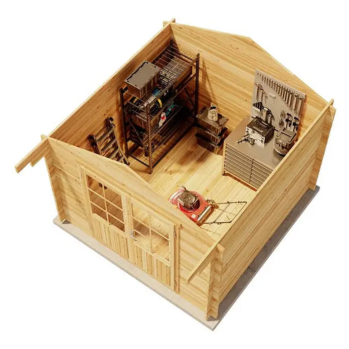 Alpholz Gartenhaus Roger - Außenmaß inkl. Dachüberstand (B x T): 320 x 350 cm, Holz, Pinie - Offener Geräteschuppen aus hellem Holz mit Regalen, Werkbank, Werkzeugen und Rasenmäher, demonstriert Stauraum.
