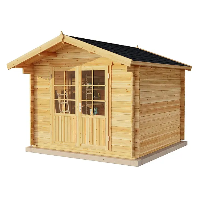 Alpholz Gartenhaus Roger - Außenmaß inkl. Dachüberstand (B x T): 320 x 350 cm, Holz, Pinie - Helles Gartenhaus aus Holz mit schwarzem Dach und Doppeltüren mit Glasscheiben.