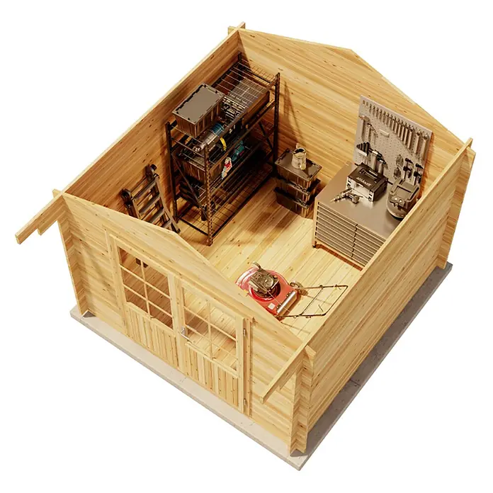 Alpholz Gartenhaus Roger - Außenmaß inkl. Dachüberstand (B x T): 320 x 350 cm, Holz, Pinie - Holzhütteninterieur, als Werkstatt und Lagerraum eingerichtet, mit Werkbank, Werkzeugwand, Regalen und Rasenmäher.