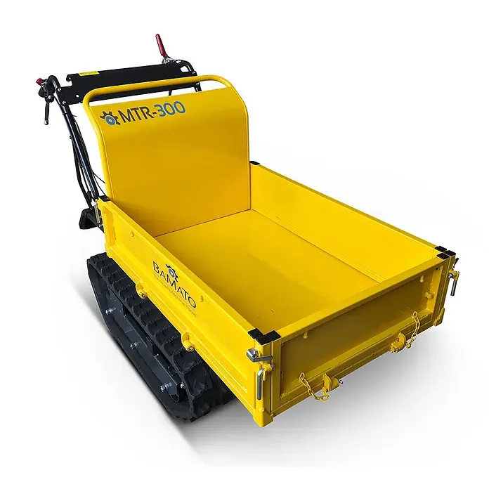 Bamato Kettendumper MTR-300 - Motorbetrieben, Fassungsvermögen: 125 l, Traglast: 300 kg - Gelber Ketten-Minidumper mit großer Ladefläche, Modell MTR-300 und BAMATO-Branding.