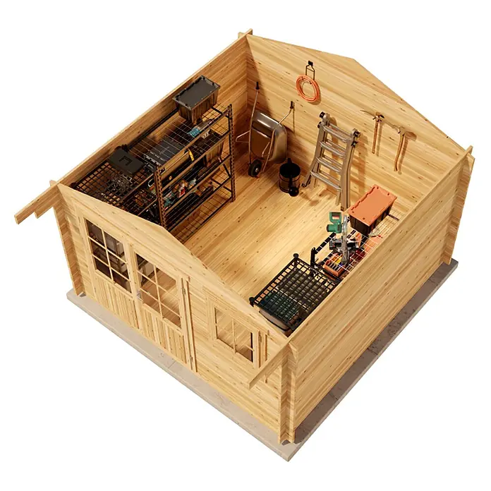 Alpholz Gartenhaus Roger - Außenmaß inkl. Dachüberstand (B x T): 370 x 400 cm, Holz, Pinie - Innenansicht eines hellen Holzschuppens mit Lagerregalen, Leiter, Schubkarre und Werkzeugbereich.