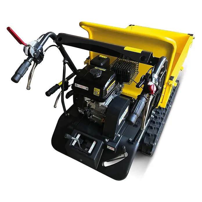 Bamato Kettendumper MTR-300 - Motorbetrieben, Fassungsvermögen: 125 l, Traglast: 300 kg - Gelber Ketten-Minidumper mit schwarzem Motor und Bediengriffen.