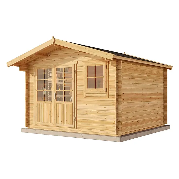 Alpholz Gartenhaus Roger - Außenmaß inkl. Dachüberstand (B x T): 370 x 400 cm, Holz, Pinie - Helles Holzgartenhaus mit doppelten Glastüren und einem Fenster, auf Betonfundament.