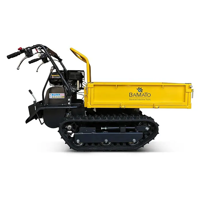 Bamato Kettendumper MTR-300 - Motorbetrieben, Fassungsvermögen: 125 l, Traglast: 300 kg - Gelber Raupendumper mit schwarzem Motor und Bedienelementen.