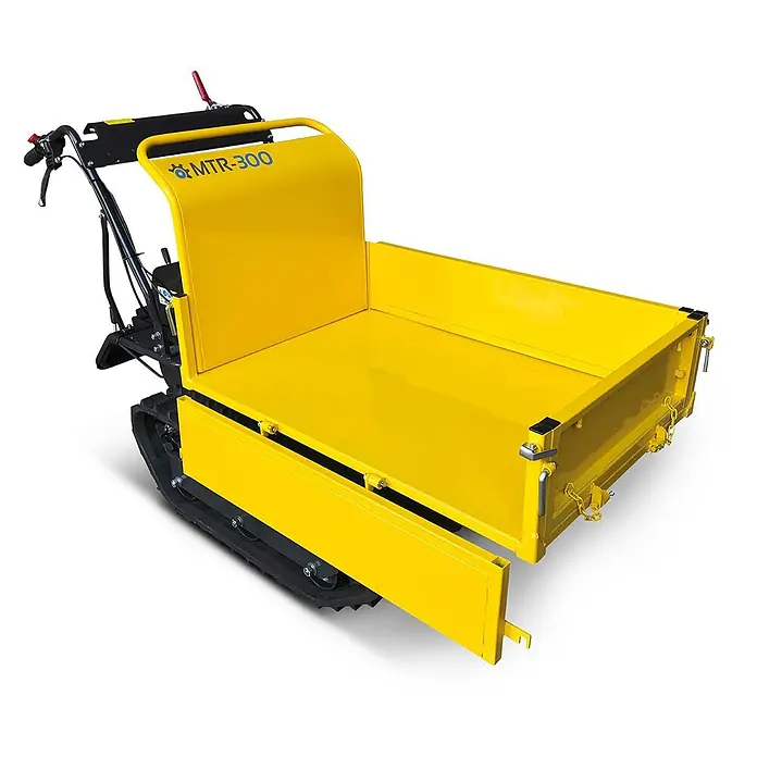 Bamato Kettendumper MTR-300 - Motorbetrieben, Fassungsvermögen: 125 l, Traglast: 300 kg - Gelbe Raupen-Minidumper mit offener Metallmulde und Griffen zum Materialtransport.