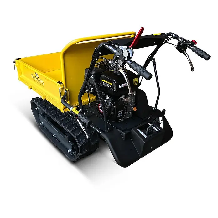 Bamato Kettendumper MTR-300 - Motorbetrieben, Fassungsvermögen: 125 l, Traglast: 300 kg - Gelber Raupen-Minidumper mit robustem Rahmen und starkem Motor, für schweren Materialtransport in unterschiedlichem Gelände.