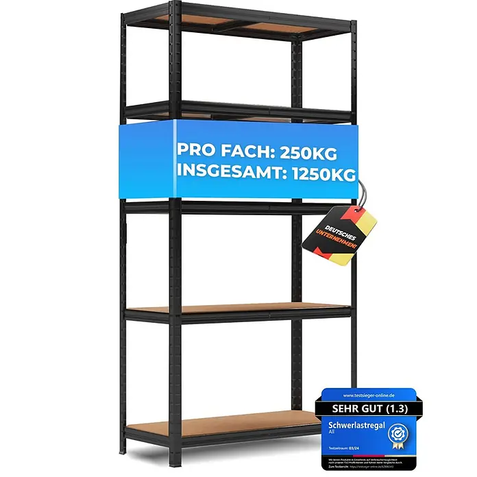Allshelf Schwerlastregal - H x B x T: 180 x 90 x 40 cm, Traglast pro Boden: 250 kg, Anzahl Böden: 5 Stk., Stecken, Schwarz - Schwarzes Metall-Schwerlastregal mit 5 Holzböden.
