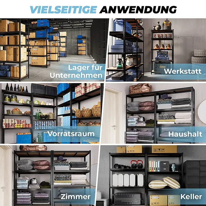 Allshelf Schwerlastregal - H x B x T: 180 x 90 x 40 cm, Traglast pro Boden: 250 kg, Anzahl Böden: 5 Stk., Stecken, Schwarz - Schwarzes Metallregal, vielseitig einsetzbar für Lager, Werkstatt, Vorratsraum, Haushalt, Zimmer und Keller.