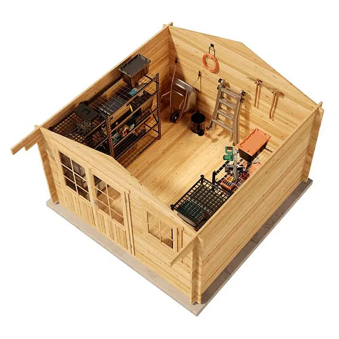 Alpholz Gartenhaus Roger - Außenmaß inkl. Dachüberstand (B x T): 370 x 400 cm, Holz, Pinie - Holzhütte mit offenem Dach, innen mit Regalen, Werkzeugen und einer Schubkarre gefüllt.