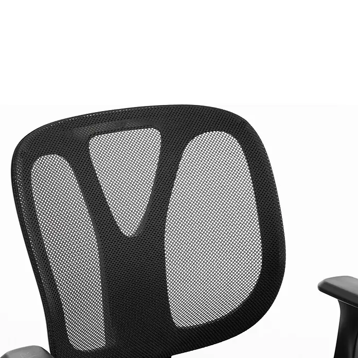 Silla de oficina Ana - Negro, Reposabrazos - Primer plano de un respaldo de silla de oficina de malla negra, mostrando su intrincada textura tejida.