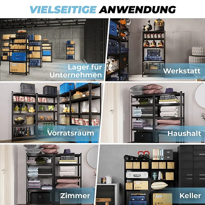 Allshelf Schwerlastregal - H x B x T: 150 x 75 x 30 cm, Traglast pro Boden: 250 kg, Anzahl Böden: 5 Stk., Stecken, Schwarz - Schwarzes Metallregal in verschiedenen vielseitigen Anwendungen gezeigt: Lager, Werkstatt, Vorratsraum, Haushalt und Keller.