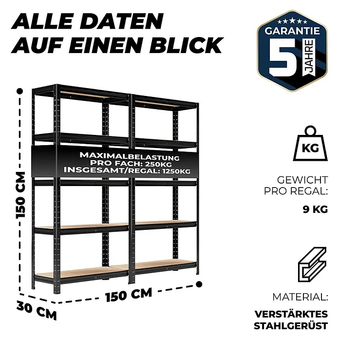 Allshelf Schwerlastregal - H x B x T: 150 x 75 x 30 cm, Traglast pro Boden: 250 kg, Anzahl Böden: 5 Stk., Stecken, Schwarz - Schwarzes Schwerlastregal aus verstärktem Stahl mit Holzablagen, 150x150x30cm groß, 1250kg Gesamttraglast.