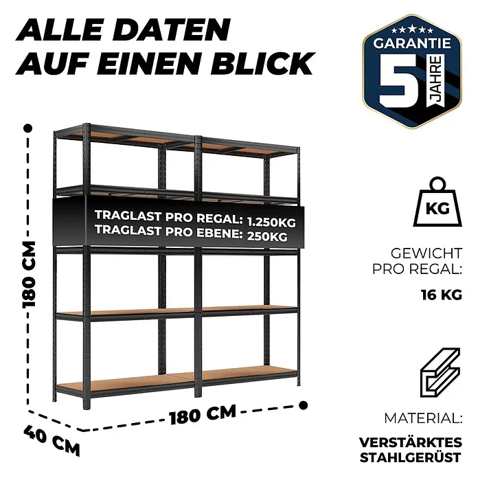 Allshelf Schwerlastregal - H x B x T: 180 x 90 x 40 cm, Traglast pro Boden: 250 kg, Anzahl Böden: 5 Stk., Stecken, Schwarz - Schwarzes Schwerlastregal aus verstärktem Stahl mit braunen Einlegeböden, 180 cm hoch, 180 cm breit, 40 cm tief.