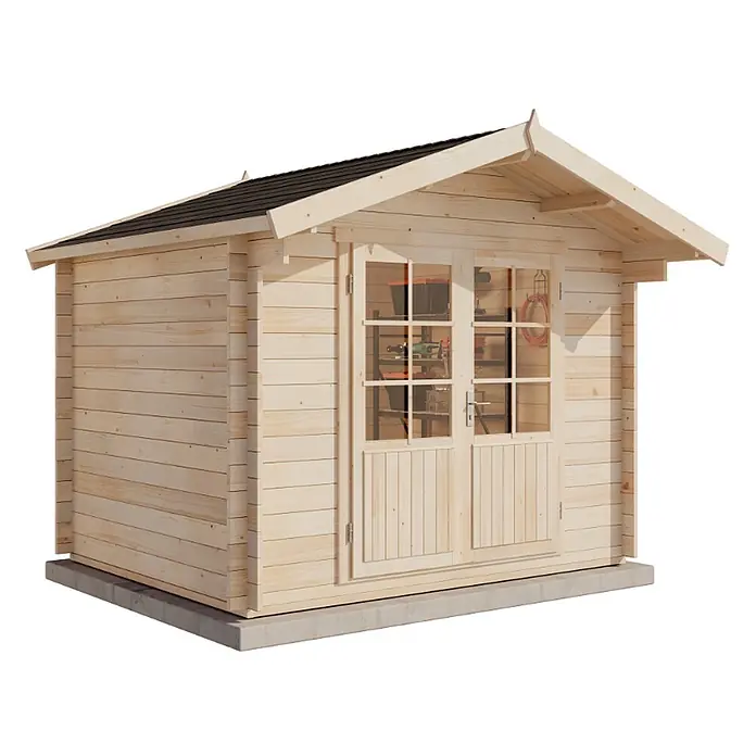 Alpholz Gartenhaus Roger - Außenmaß inkl. Dachüberstand (B x T): 320 x 300 cm, Holz, Pinie - Gartenhaus aus hellem Holz mit dunklem Dach und verglasten Doppeltüren auf Betonfundament.