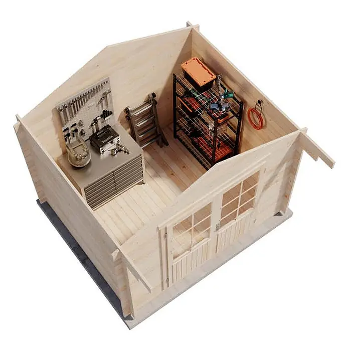 Alpholz Gartenhaus Roger - Außenmaß inkl. Dachüberstand (B x T): 320 x 300 cm, Holz, Pinie - Heller Holzschuppen-Innenraum mit Werkbank, Werkzeugen und Regal für eine Mini-Werkstatt.
