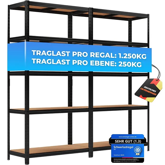 Allshelf Schwerlastregal - H x B x T: 180 x 90 x 40 cm, Traglast pro Boden: 250 kg, Anzahl Böden: 5 Stk., Stecken, Schwarz - Schwarzes Schwerlastregal aus Metall mit fünf Holzböden, ideal für robuste Lagerung.
