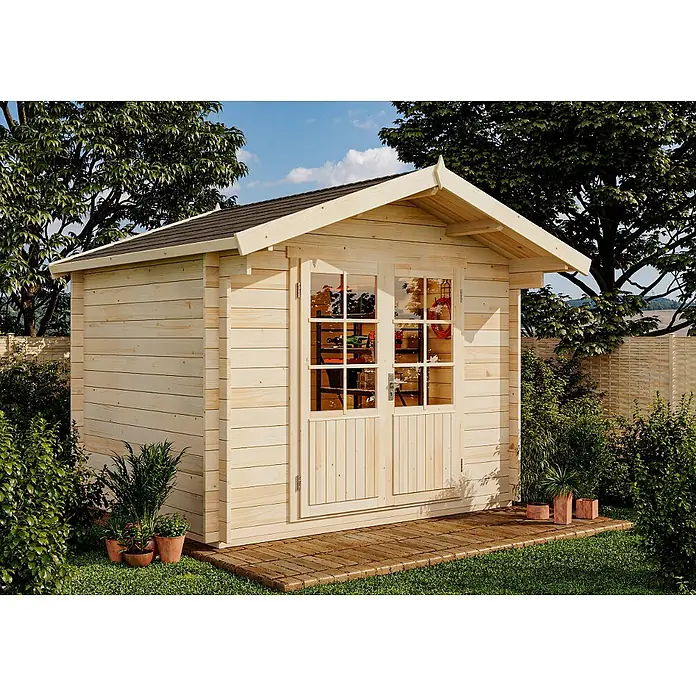 Alpholz Gartenhaus Roger - Außenmaß inkl. Dachüberstand (B x T): 320 x 300 cm, Holz, Pinie - Helles Gartenhaus aus Holz mit dunklem Dach und Doppeltüren mit Fensterscheiben.