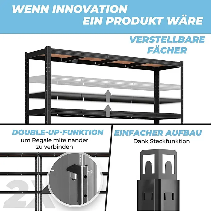 Allshelf Schwerlastregal - H x B x T: 180 x 150 x 40 cm, Traglast pro Boden: 250 kg, Anzahl Böden: 5 Stk., Stecken, Schwarz - Dunkelgraues Metallregal mit verstellbaren Holzfächern, steckbar für einfachen Aufbau und Verbindung mehrerer Einheiten.
