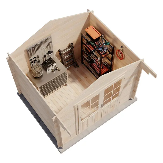 Alpholz Gartenhaus Roger - Außenmaß inkl. Dachüberstand (B x T): 320 x 300 cm, Holz, Pinie - Heller Holzschuppen-Innenraum, als Werkstatt eingerichtet. Mit Metall-Werkbank, Werkzeugen und einem Lagerregal.