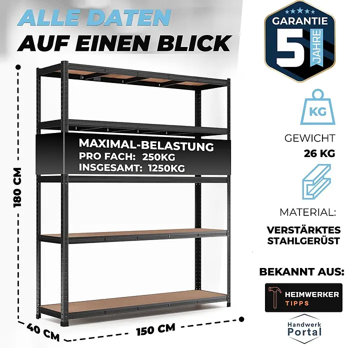 Allshelf Schwerlastregal - H x B x T: 180 x 150 x 40 cm, Traglast pro Boden: 250 kg, Anzahl Böden: 5 Stk., Stecken, Schwarz - Schwarzes Schwerlastregal mit verstärktem Stahlrahmen und 5 Holzböden.