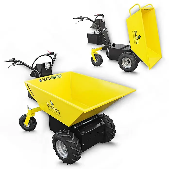 Bamato Raddumper MTR-550RE mit Elektroantrieb - Batteriebetrieben, Fassungsvermögen: 350 l - Zwei gelb-schwarze elektrische Minidumper, einer mit horizontaler und der andere mit nach oben gekippter Mulde, für Materialtransport.