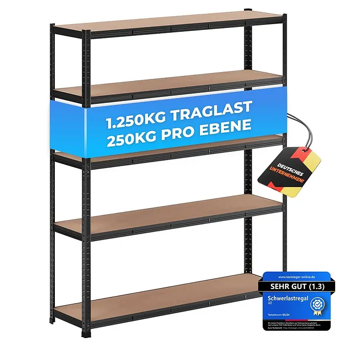 Allshelf Schwerlastregal - H x B x T: 180 x 150 x 40 cm, Traglast pro Boden: 250 kg, Anzahl Böden: 5 Stk., Stecken, Schwarz - Schwarzes Schwerlastregal mit fünf Holzebenen für hohe Traglast.