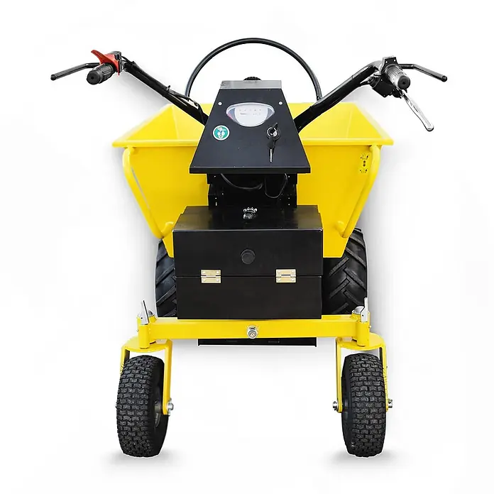 Bamato Raddumper MTR-550RE mit Elektroantrieb - Batteriebetrieben, Fassungsvermögen: 350 l - Gelber Elektro-Minidumper mit schwarzem Bedienfeld und Lenker, für Materialtransport.