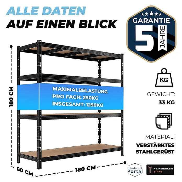 Allshelf Schwerlastregal - H x B x T: 180 x 180 x 60 cm, Traglast pro Boden: 250 kg, Anzahl Böden: 4 Stk., Stecken, Schwarz - Schwarzes Schwerlastregal aus verstärktem Stahl mit Holzablagen, 180x180x60 cm, 1250kg Gesamtbelastbarkeit.