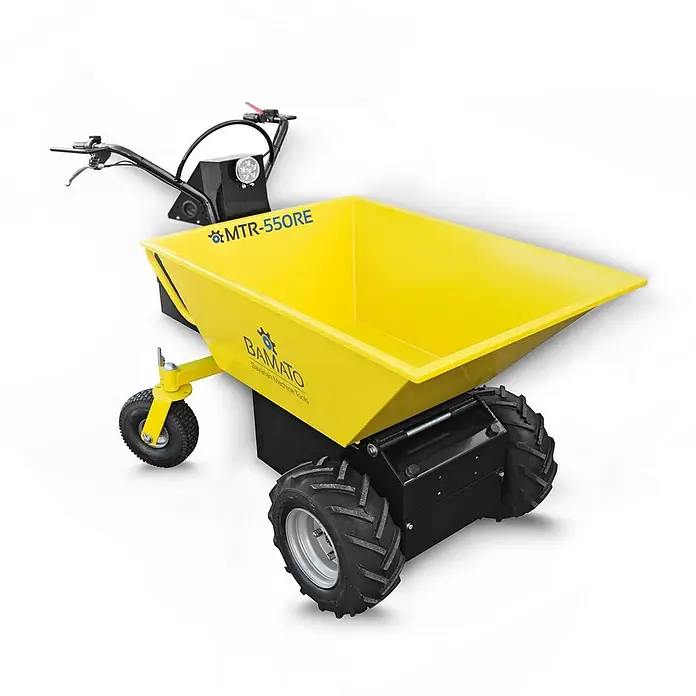 Bamato Raddumper MTR-550RE mit Elektroantrieb - Batteriebetrieben, Fassungsvermögen: 350 l - Gelbe elektrische Minidumper mit schwarzen Griffen und robusten Rädern zum Materialtransport.