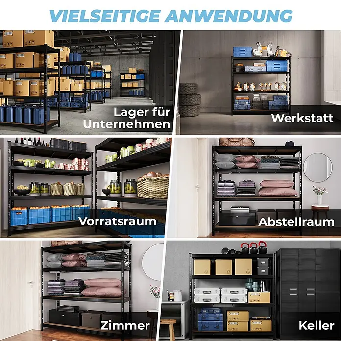 Allshelf Schwerlastregal - H x B x T: 180 x 180 x 60 cm, Traglast pro Boden: 250 kg, Anzahl Böden: 4 Stk., Stecken, Schwarz - Schwarzes Metallregal für vielseitige Nutzung in Lager, Werkstatt, Vorrats- und Abstellraum.