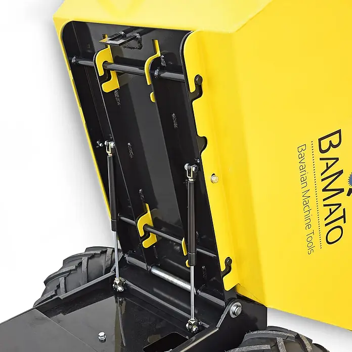 Bamato Raddumper MTR-550RE mit Elektroantrieb - Batteriebetrieben, Fassungsvermögen: 350 l - Gelber Kipperaufbau mit schwarzem Rahmen, Gasfedern und Verriegelungen. 'BANATO Bavarian Machine Tools' Schriftzug sichtbar.