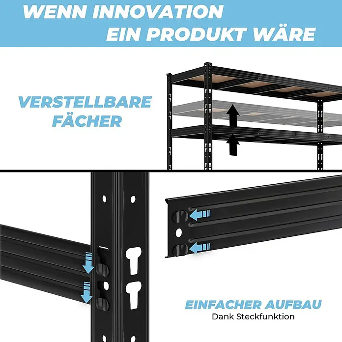 Allshelf Schwerlastregal - H x B x T: 180 x 180 x 60 cm, Traglast pro Boden: 250 kg, Anzahl Böden: 4 Stk., Stecken, Schwarz - Schwarzes Metallregal mit verstellbaren Fächern und einfacher Steckmontage.