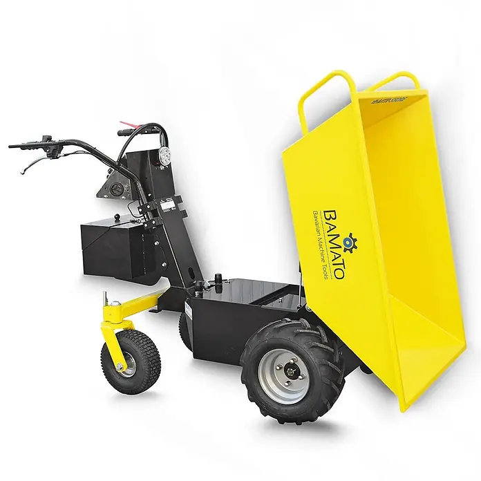Bamato Raddumper MTR-550RE mit Elektroantrieb - Batteriebetrieben, Fassungsvermögen: 350 l - Gelber und schwarzer motorisierter Minidumper mit großer Kippmulde und robusten Rädern für den Materialtransport.