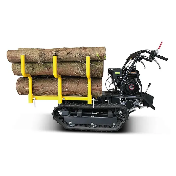 Bamato Kettendumper MTR-300H - Motorbetrieben, Fassungsvermögen: 100 l, Traglast: 300 kg - Schwarzer Raupendumper mit gelben Holzrungen, der drei große Baumstämme transportiert.