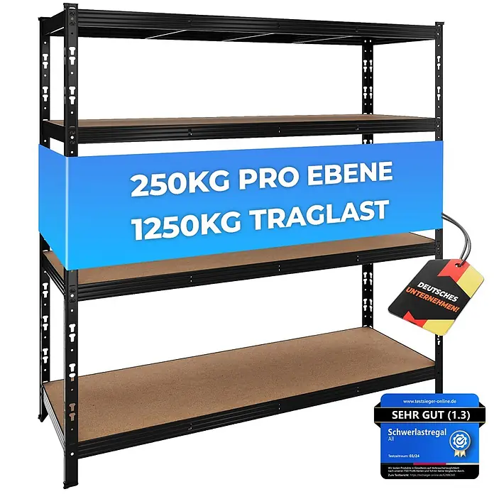 Allshelf Schwerlastregal - H x B x T: 180 x 180 x 60 cm, Traglast pro Boden: 250 kg, Anzahl Böden: 4 Stk., Stecken, Schwarz - Schwarzes fünfbödiges Schwerlastregal aus Metall mit Holzböden.