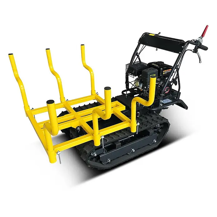 Bamato Kettendumper MTR-300H - Motorbetrieben, Fassungsvermögen: 100 l, Traglast: 300 kg - Schwarze Kettenraupe mit gelbem Rahmenaufsatz zum Transport von Langmaterial.
