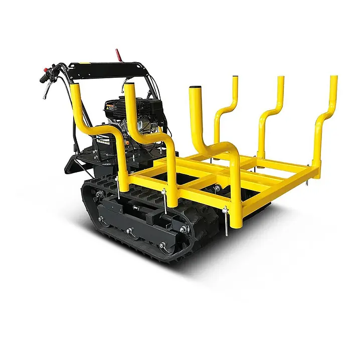 Bamato Kettendumper MTR-300H - Motorbetrieben, Fassungsvermögen: 100 l, Traglast: 300 kg - Gelber und schwarzer Raupendumper mit Transportgestell, ideal für schwere Lasten im Gelände.